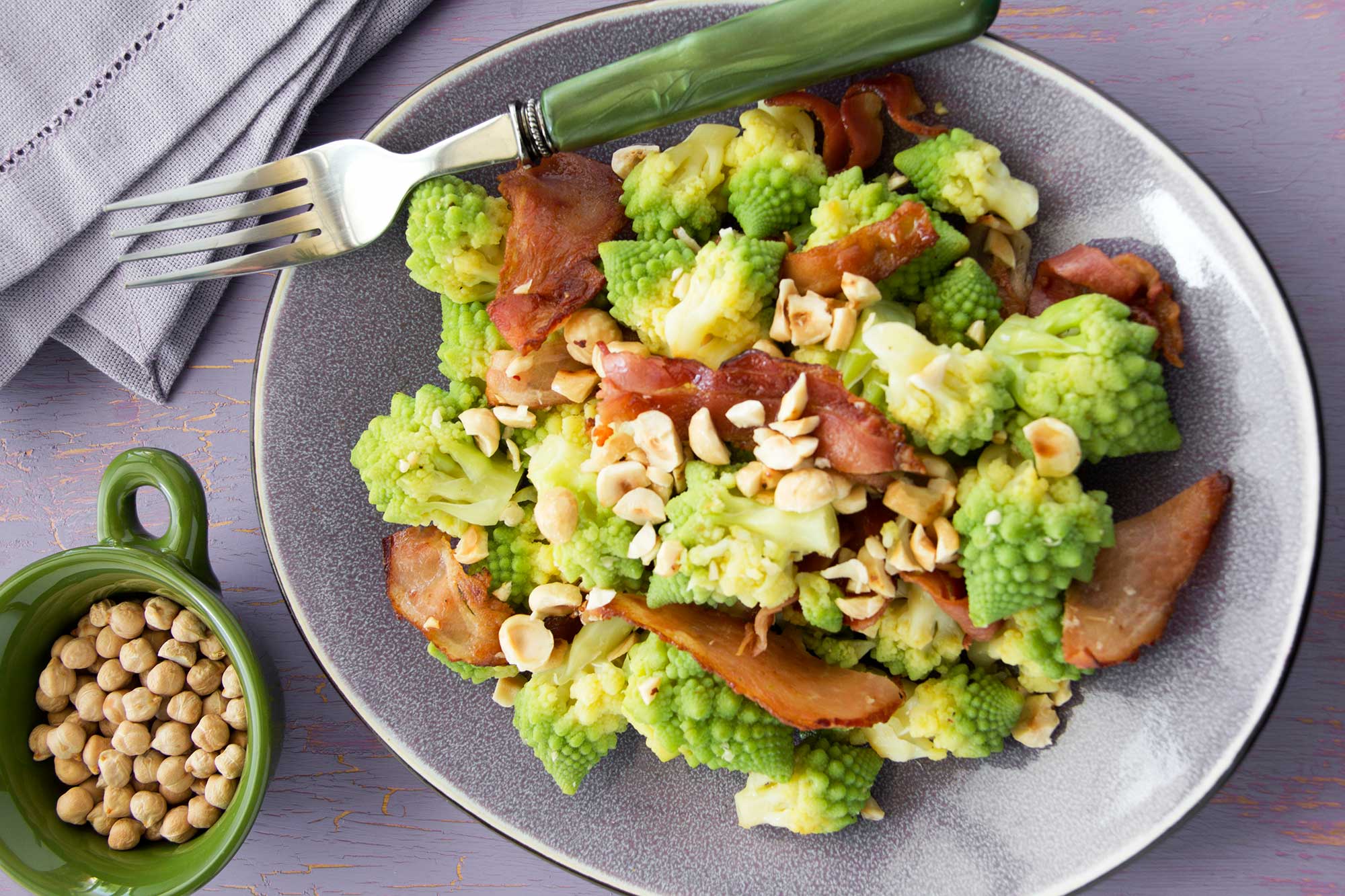 Romanesco Salad with Bacon and Hazelnuts