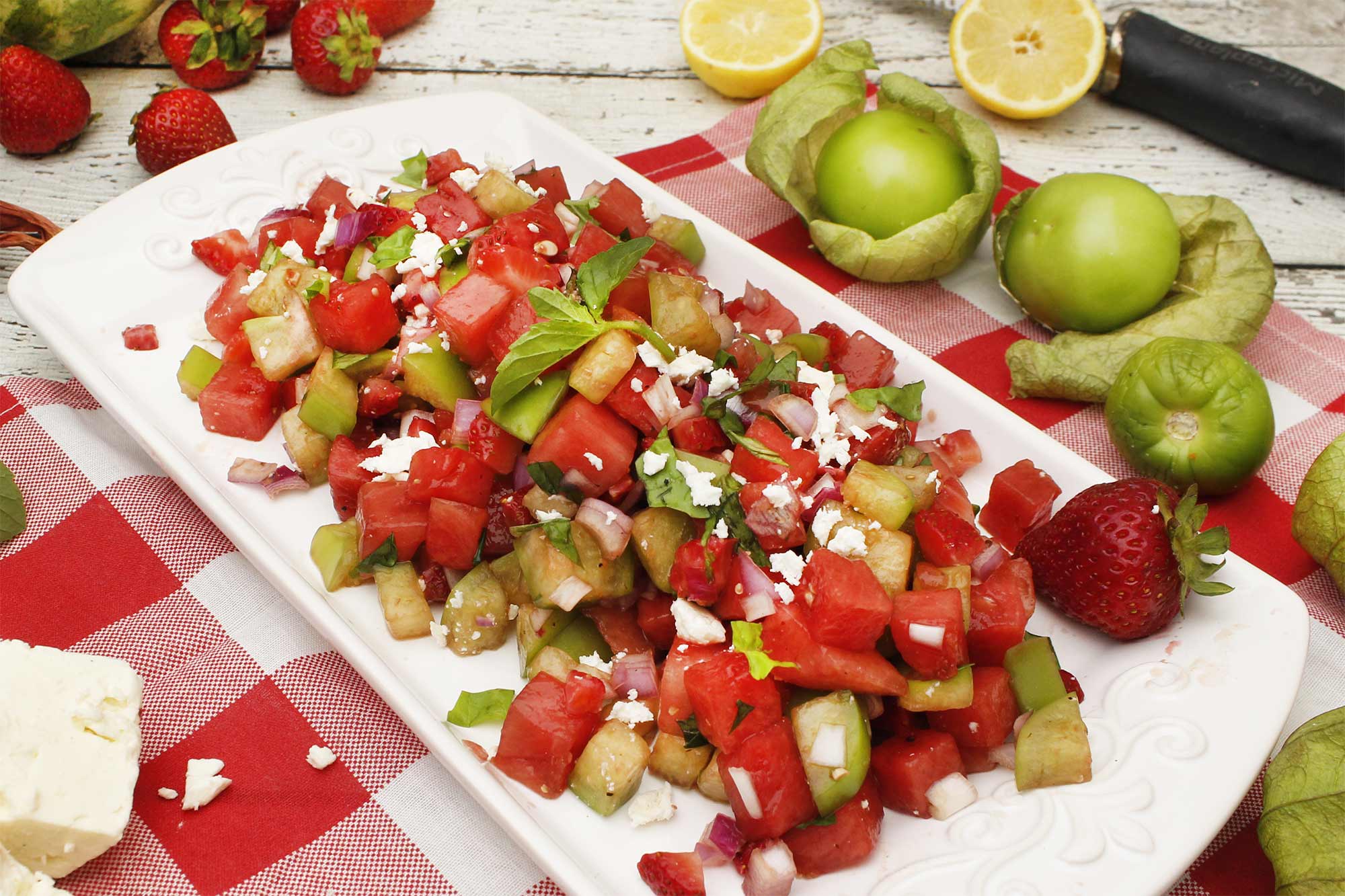 Tomatillo Salad with Watermelon and Strawberry