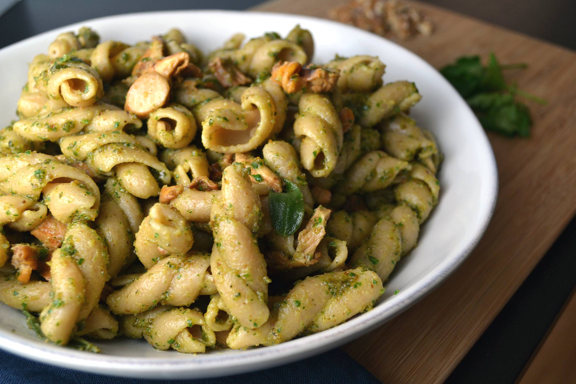 Walnut-Sage Pesto Corkscrews with Chanterelles