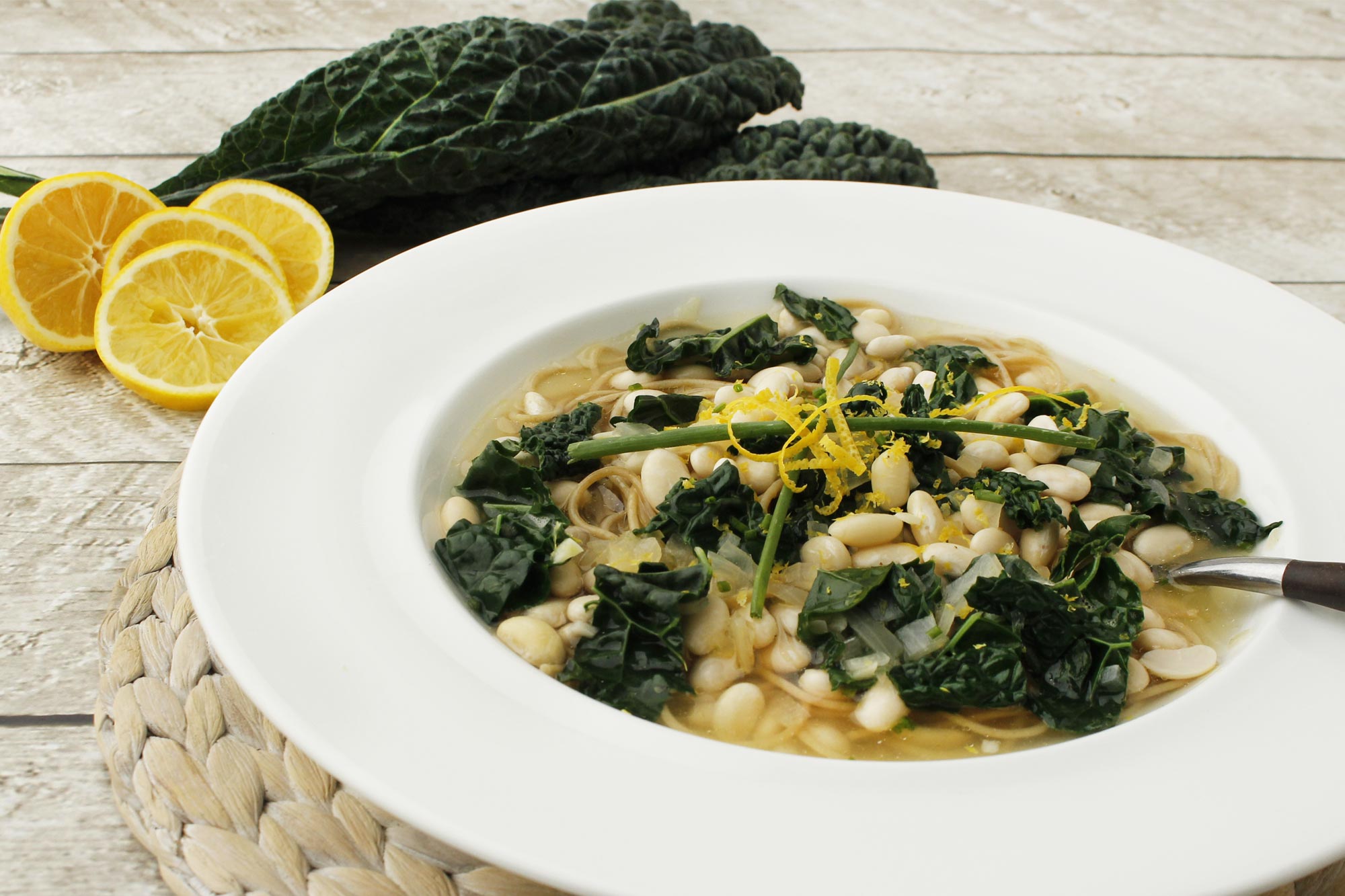 Lemon Soup with Pasta, White Bean and Kale